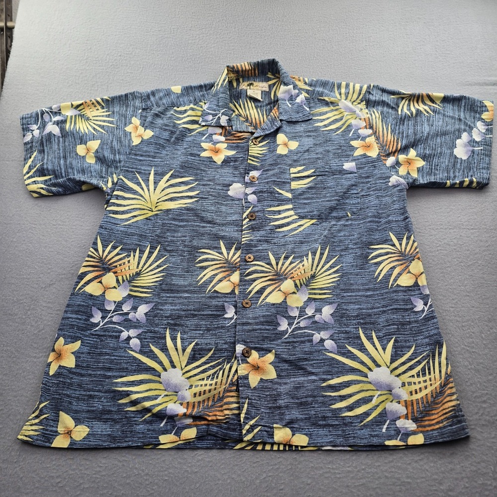 Joe Marlin Hawaiian Aloha Shirt Mens XL Blue Botanical Floral Classic Button Up
